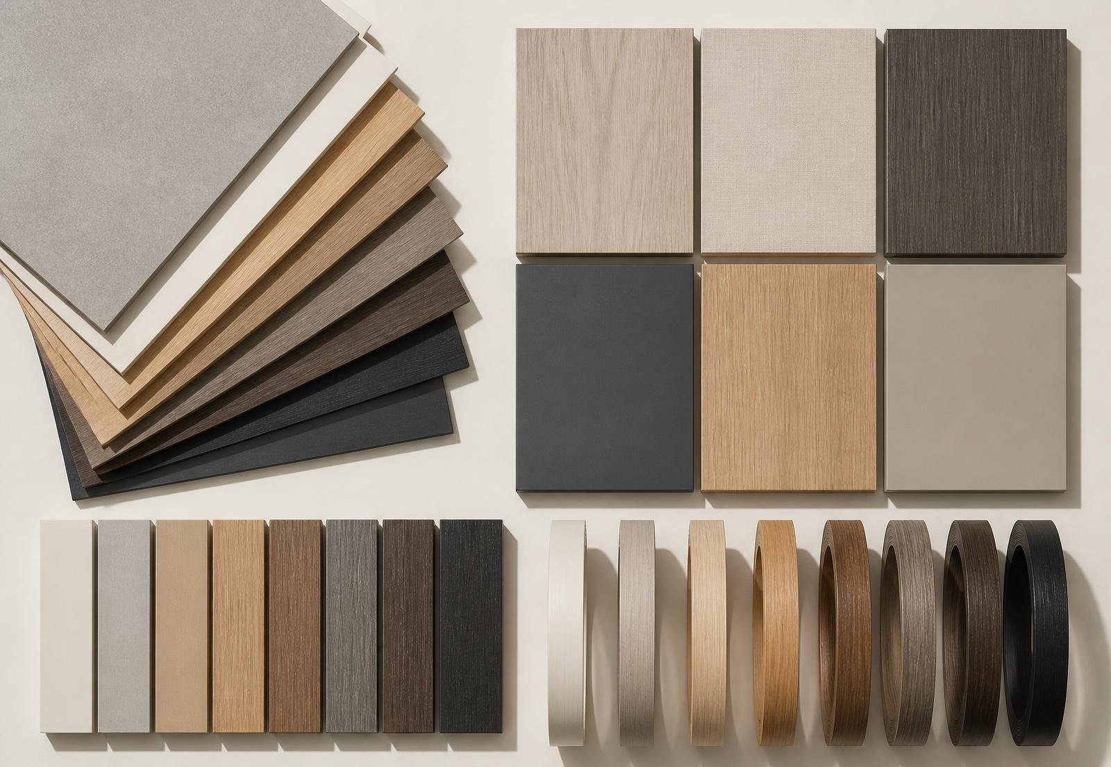 Board samples, edging reels and decor swatches laid out in a grid